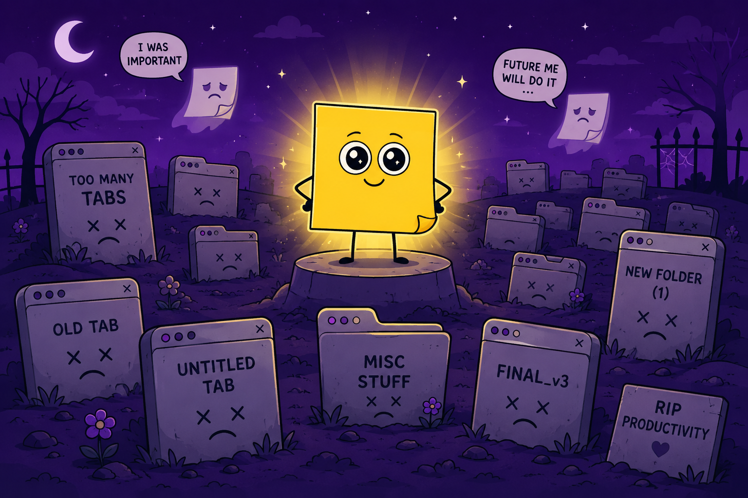 A graveyard of dead tabs — and one glowing sticky note