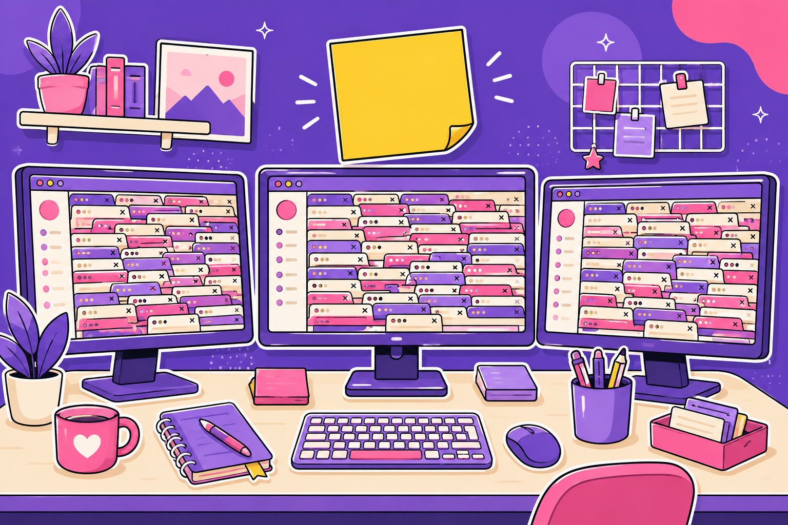 Three monitors drowning in tabs — one sticky note above them all